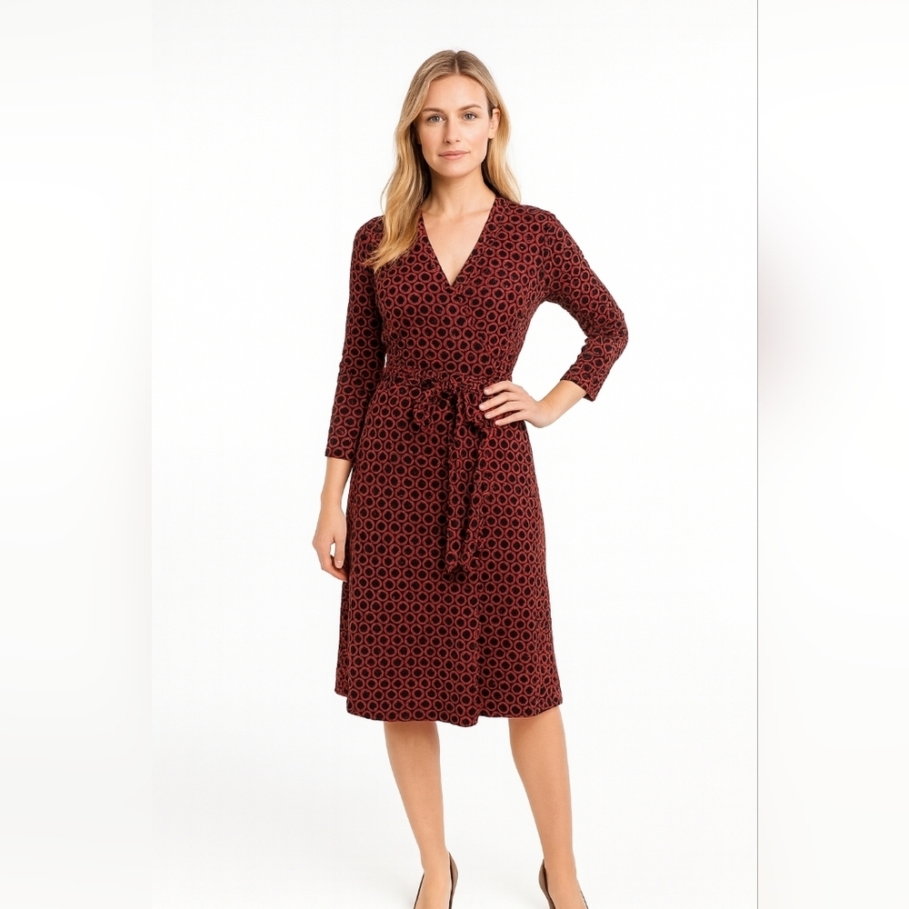 Boden Dress Red Geometric Bold Print Waist Tie Belt Women's‎ Size 6 Long Sleeves